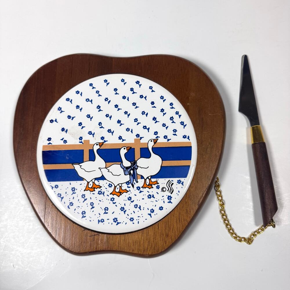 Vintage Cutting Board Knife Wooden Frame Tile Bow Goose Scene Country Style